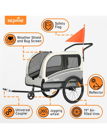 Remolque de bicicleta para perros Sepnine 40 kg gris oscuro