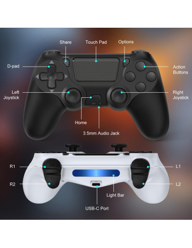 Controlador Inalámbrico Wuthur 2 Pack para PS4/Pro/Slim - Negro y Blanco