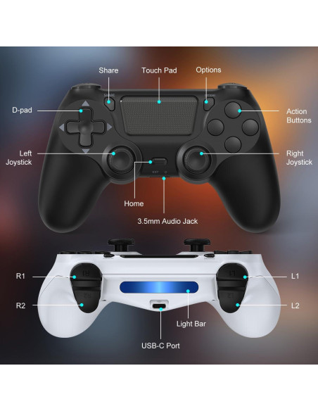 Controlador Inalámbrico Wuthur 2 Pack para PS4/Pro/Slim - Negro y Blanco