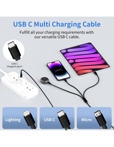 Cable de Carga 3 en 1 Jogrytece 1.22m USB C, Micro USB, Lightning
