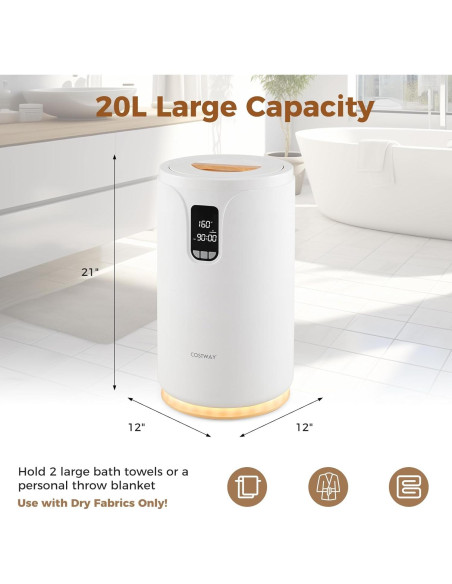 Calentador de Toallas COSTWAY 20L con Luz RGB y Temporizador