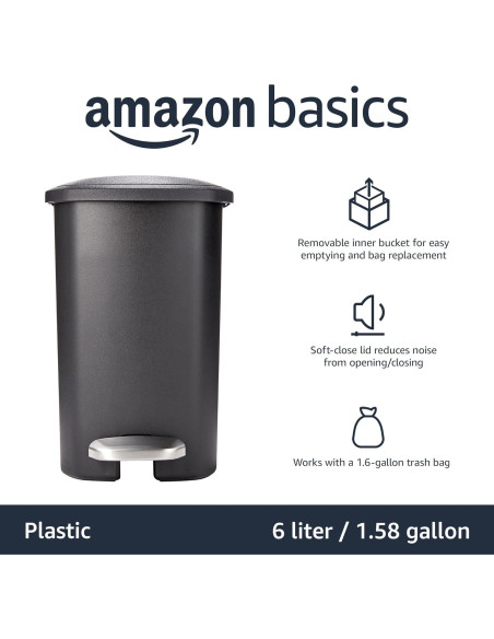 Basurero Compacto Amazon Basics 6L Negro con Pedal y Cierre Silencioso