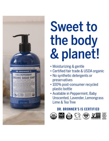 Jabón Orgánico Dr. Bronner's Menta 340 g - Vegano y Sostenible