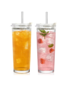 Vasos de Vidrio Estriado WERTIOO 20 Oz con Popote y Tapa - 2 Piezas