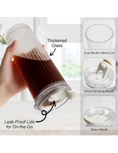 Vasos de Vidrio Estriado WERTIOO 20 Oz con Popote y Tapa - 2 Piezas 2