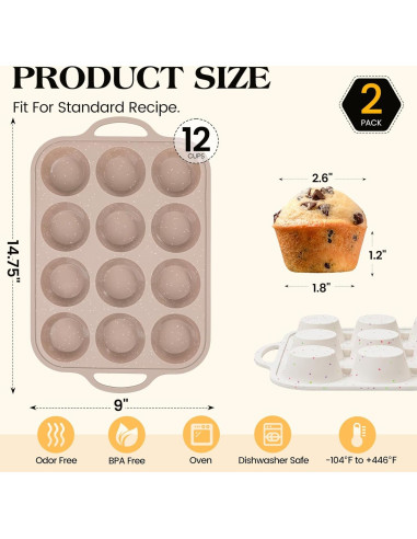 Molde para Muffins de Silicona Vinino 2Pack 12 Tazas Antiadherente