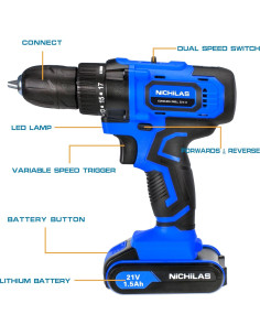 Taladro Inalámbrico Nichilas 21V 2 Baterías 1500mAh 2 Velocidades 2