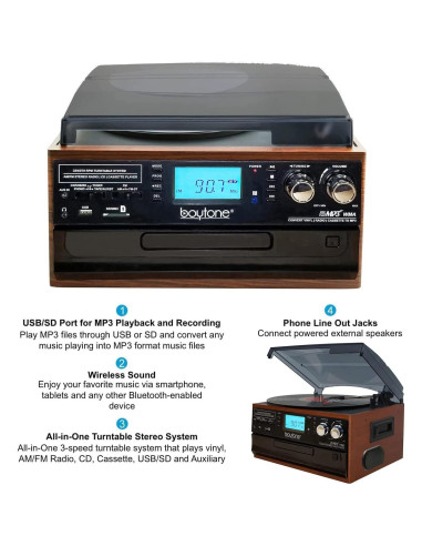 Reproductor de Vinilo Bluetooth Boytone BT-22MS con Radio y CD