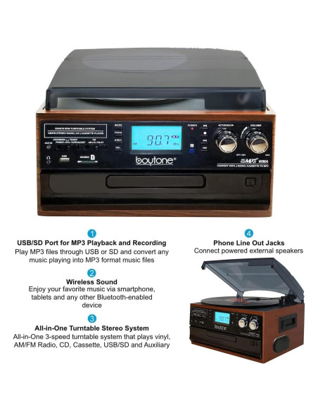 Reproductor de Vinilo Bluetooth Boytone BT-22MS con Radio y CD