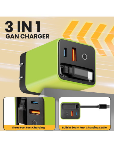 Cargador GaN 3 en 1 Genérico 80W con Cable Tipo-C y 2 USB