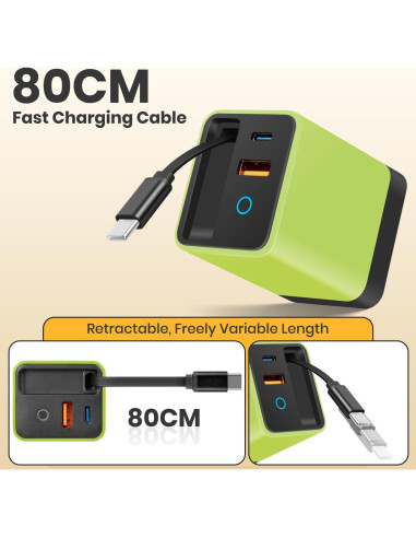 Cargador GaN 3 en 1 Genérico 80W con Cable Tipo-C y 2 USB