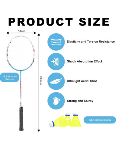 Conjunto de Raquetas de Bádminton YAKS Q03107 - 2 Raquetas + 12 Volantes