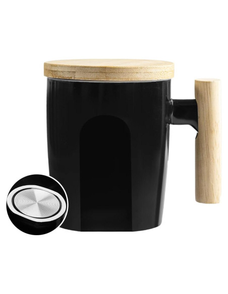 Taza de Cerámica HOWAY 414 ml con Tapa de Madera y Fondo Plano