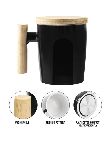 Taza de Cerámica HOWAY 414 ml con Tapa de Madera y Fondo Plano