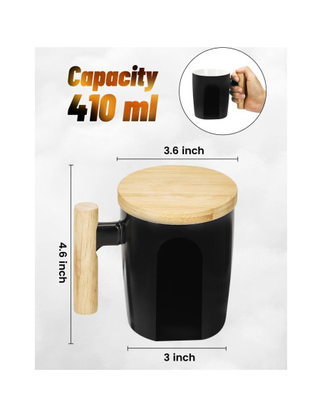 Taza de Cerámica HOWAY 414 ml con Tapa de Madera y Fondo Plano