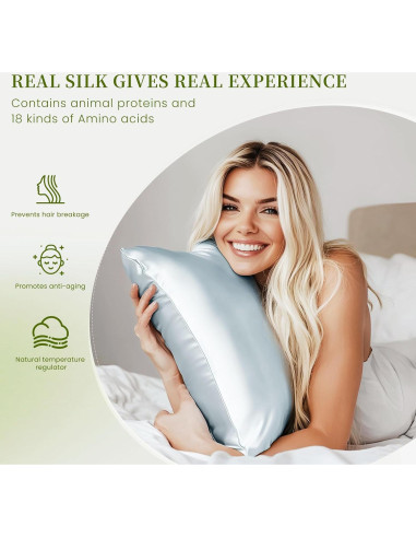 Funda de Almohada de Seda de Morera THXSILK Estándar Azul - Juego de 2