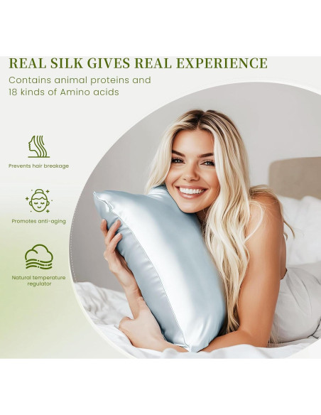 Funda de Almohada de Seda de Morera THXSILK Estándar Azul - Juego de 2