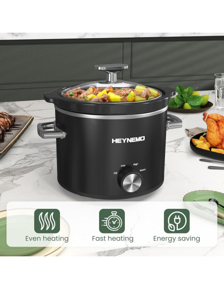 Olla de Cocción Lenta HEYNEMO 2QT Acero Inoxidable Negra