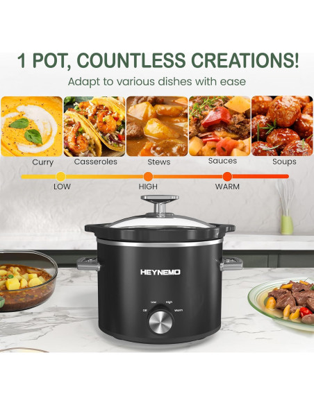 Olla de Cocción Lenta HEYNEMO 2QT Acero Inoxidable Negra