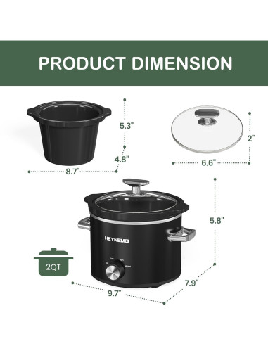 Olla de Cocción Lenta HEYNEMO 2QT Acero Inoxidable Negra