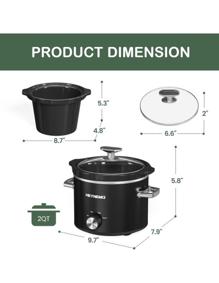 Olla de Cocción Lenta HEYNEMO 2QT Acero Inoxidable Negra