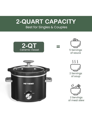 Olla de Cocción Lenta HEYNEMO 2QT Acero Inoxidable Negra