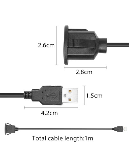 Cable USB 2.0 de Montaje Flush YACSEJAO 1m para Coche y Barco