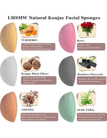 Juego de 6 Esponjas Faciales Konjac LMSMW con Carbón Activado