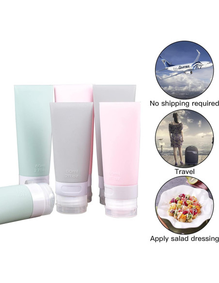 Juego de Botellas de Viaje Silicona 6 Piezas 80ml 60ml - Rosa Verde Gris