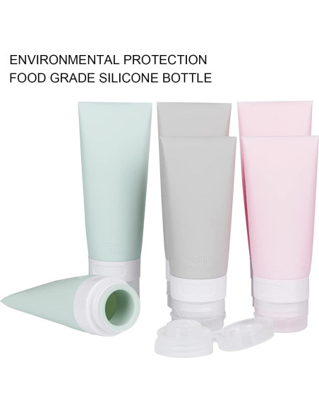 Juego de Botellas de Viaje Silicona 6 Piezas 80ml 60ml - Rosa Verde Gris