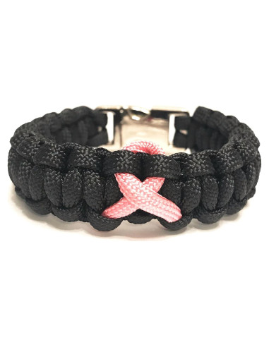 Pulsera de Supervivencia Tru550 Negra con Cinta Rosa 7.5"