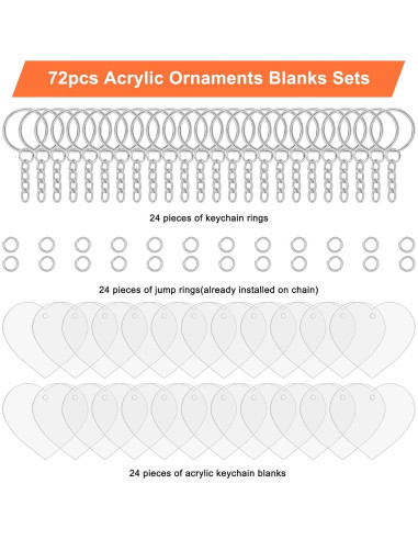 72 Piezas Corazones Acrílicos Transparentes para Llaveros DIY