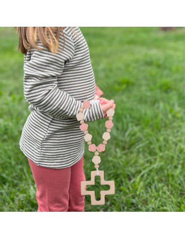 Rosario de Silicona Rosa YOUAME con Cruz de Madera para Bautizo
