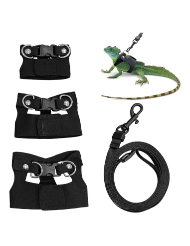 Conjunto Arnés y Correa Ajustable para Dragón Barbudo - Negro
