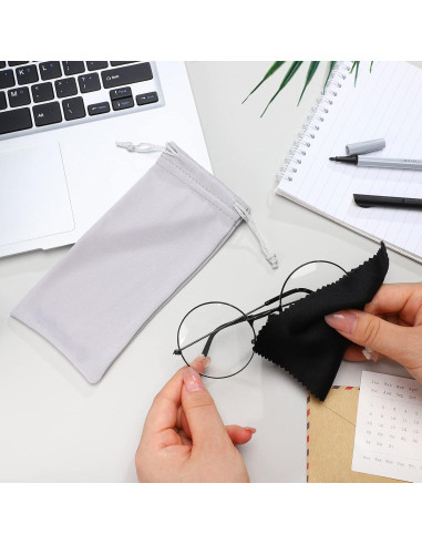 100 Fundas de Microfibra para Gafas + 2 Paños de Limpieza