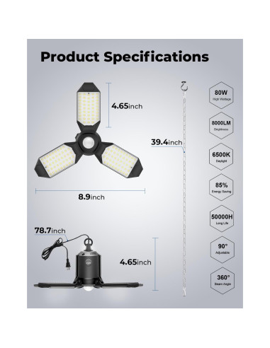 Luz de Garaje LED Toberich 8000LM Sensor de Movimiento 3 Modos