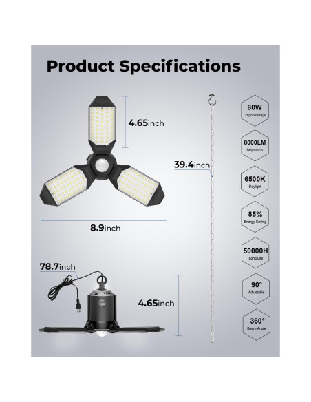 Luz de Garaje LED Toberich 8000LM Sensor de Movimiento 3 Modos