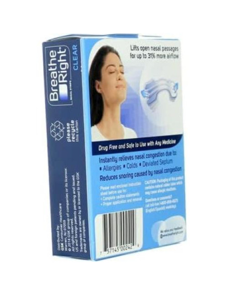 Tiras Nasales Breathe Right Transparentes Pequeñas 30 Unidades