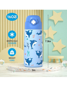 Botella de Agua Aislada Ntswasd 0.47L para Niños Tiburón 2