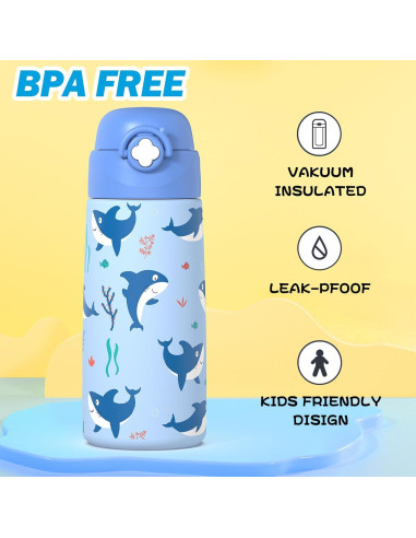 Botella de Agua Aislada Ntswasd 0.47L para Niños Tiburón