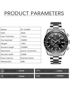 Reloj Cronógrafo de Cuarzo BENYAR BY-5140 Negro 30M Impermeable 2