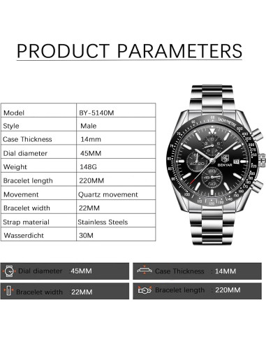 Reloj Cronógrafo de Cuarzo BENYAR BY-5140 Negro 30M Impermeable