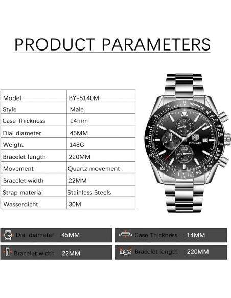 Reloj Cronógrafo de Cuarzo BENYAR BY-5140 Negro 30M Impermeable