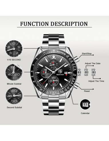 Reloj Cronógrafo de Cuarzo BENYAR BY-5140 Negro 30M Impermeable