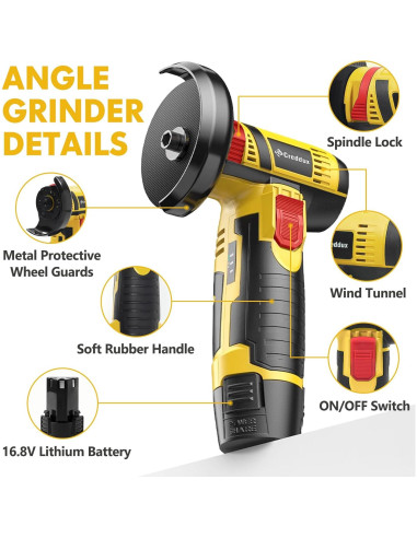 Amoladora Angular Inalámbrica Creddux 3" 16.8V 2000mAh Amarillo
