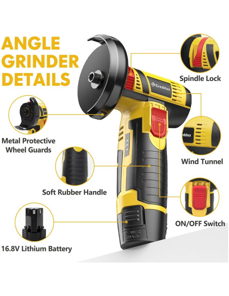 Amoladora Angular Inalámbrica Creddux 3" 16.8V 2000mAh Amarillo