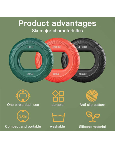 Entrenador de Fuerza de Agarre AIKESIWAY - 3 Anillos Silicona 30-80lbs
