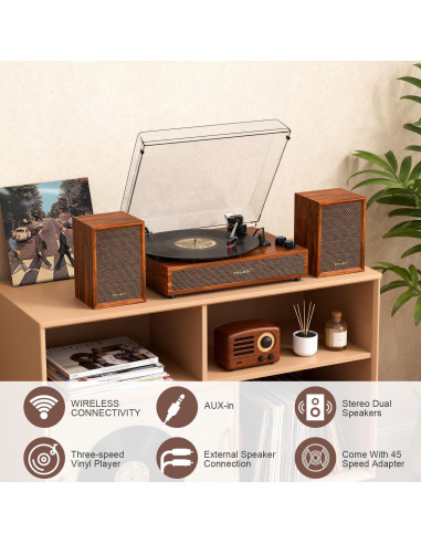 Reproductor de Vinilo TANLANIN SON1-TE-2028BR con Altavoces Externos