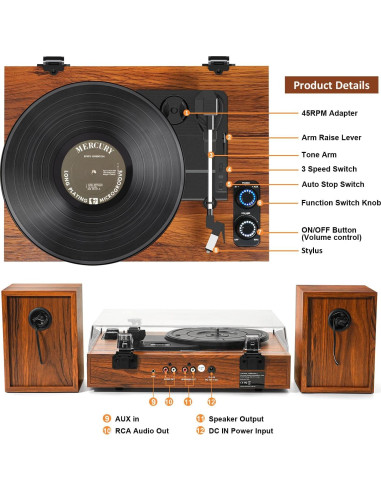 Reproductor de Vinilo TANLANIN SON1-TE-2028BR con Altavoces Externos