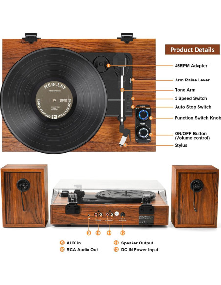 Reproductor de Vinilo TANLANIN SON1-TE-2028BR con Altavoces Externos